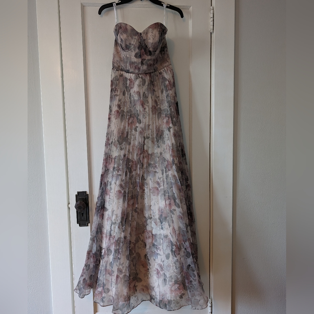 Strapless Floral Chiffon Evening Gown - Blush Floral - Picture 5 of 6